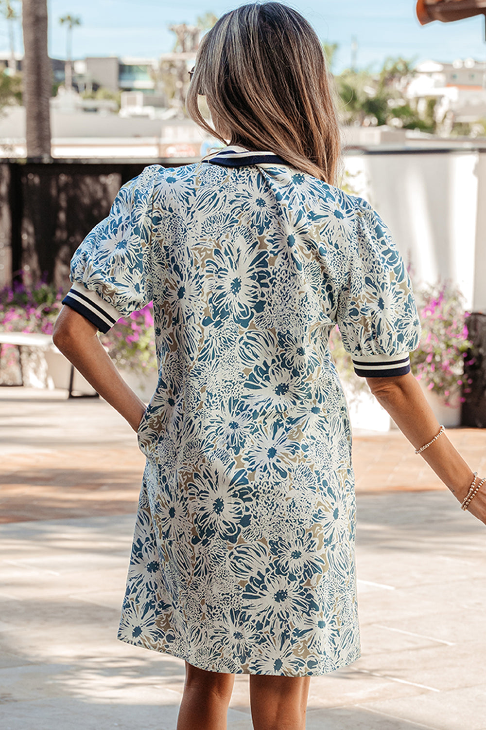 Floral Print Striped Webbing Patchwork Collar Short Sleeve Mini Dress