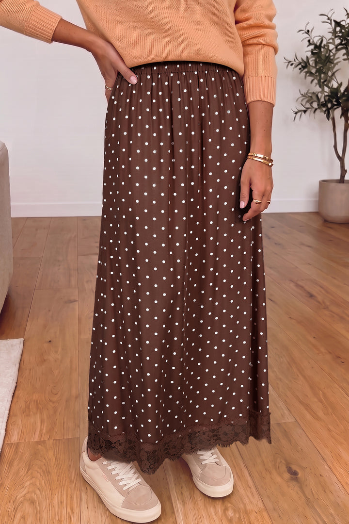 Brown Polka Dot Lace Hem Elegant Long Shift Skirt