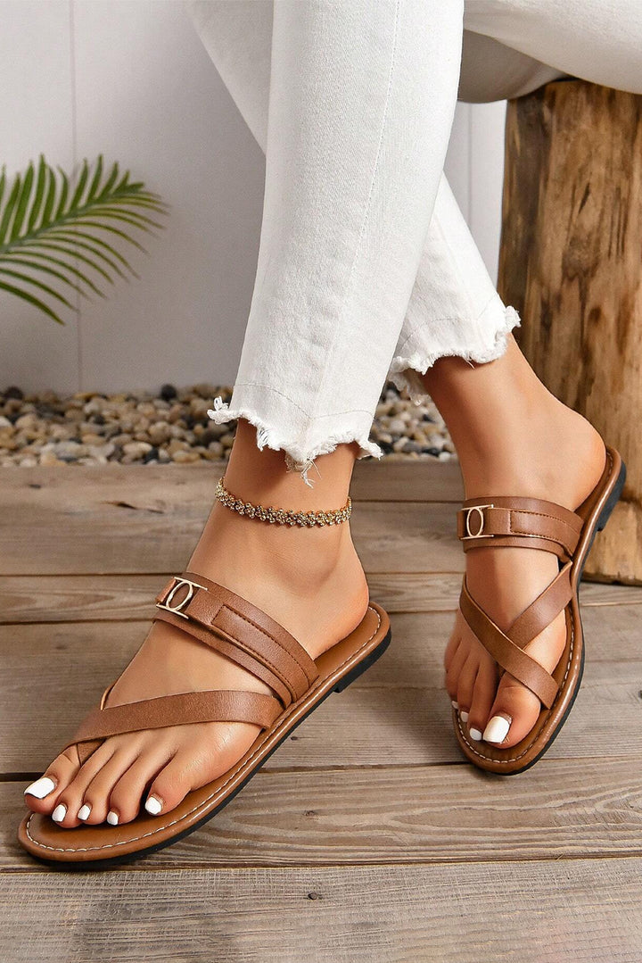 Cross Toe Metal Buckle Leathered Flat Slippers