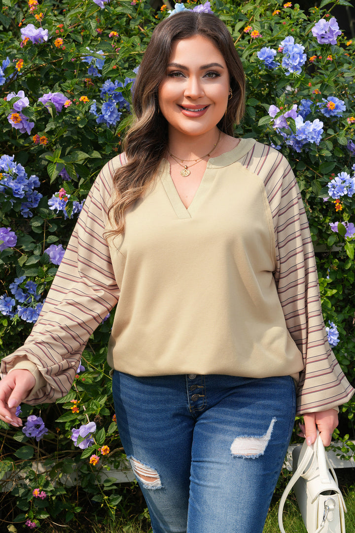Parchment Striped Notched Neck Raw Edge Plus Size Jumper