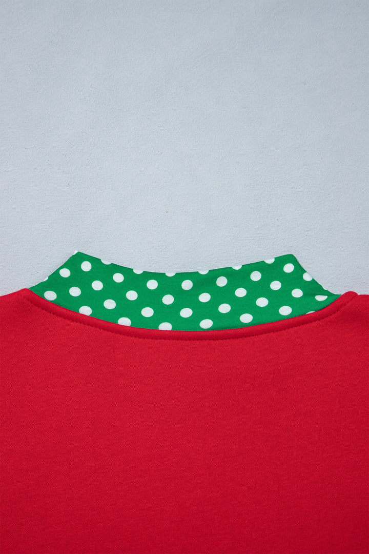 Fiery Red Polka Dot Letter Print Contrast Trim Mock Neck Sweatshirt