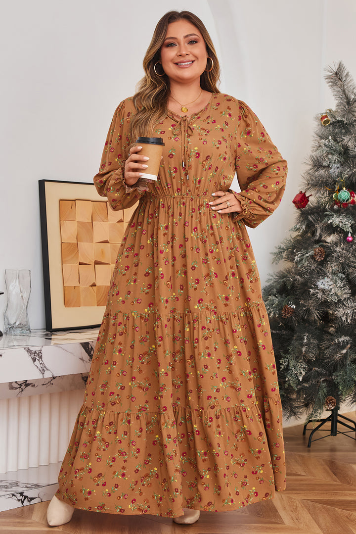 Brown Plus Size Floral Split V Neck Tiered Maxi Dress