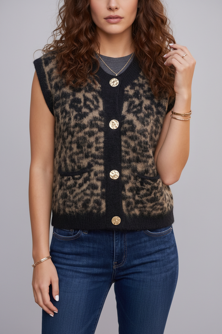 Black Leopard Print Knit Sleeveless Regular Wash Sweater Vest