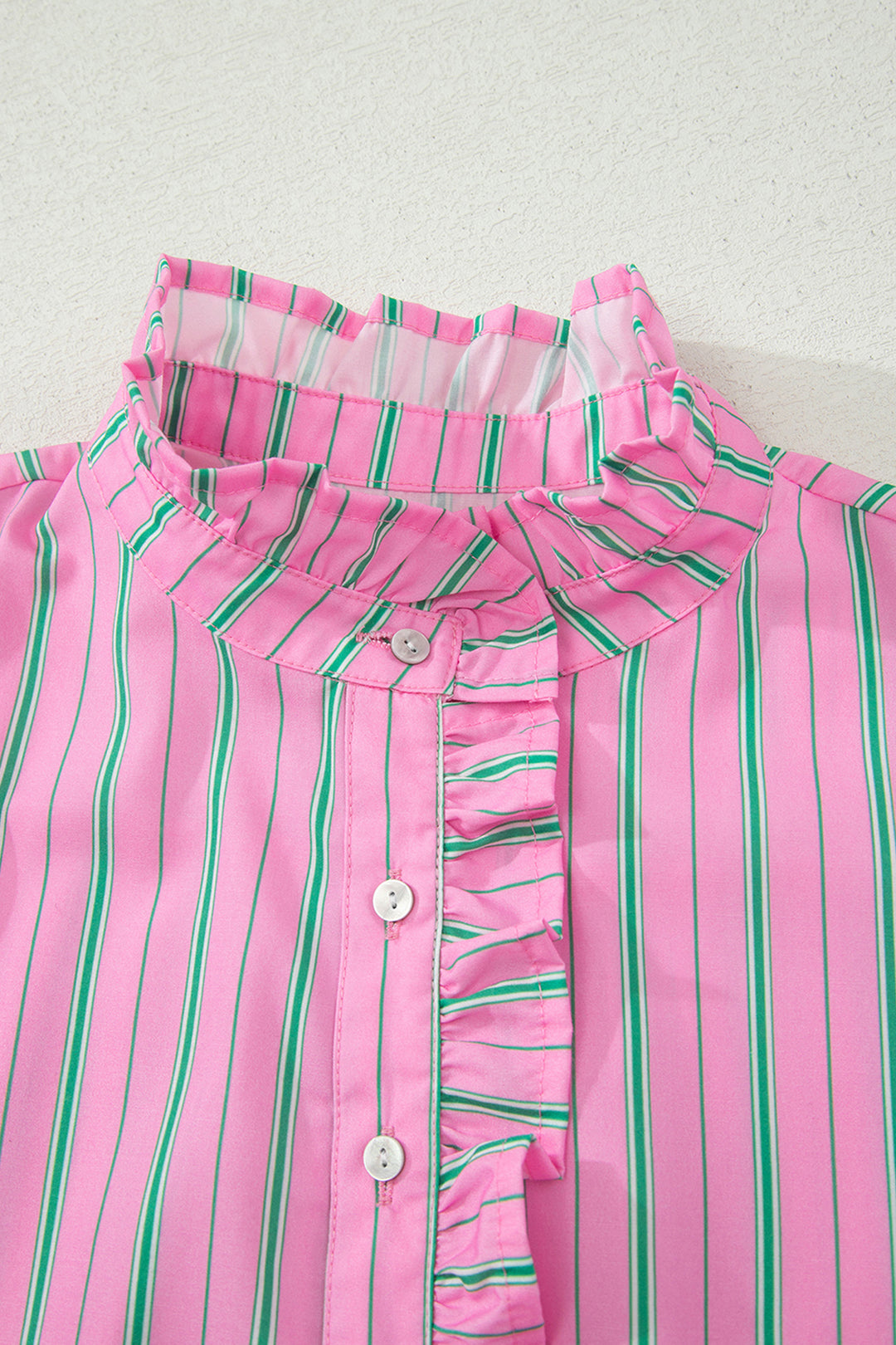 Pink Stripe Ruffle Trim Half Button Short Puff Sleeve Blouse