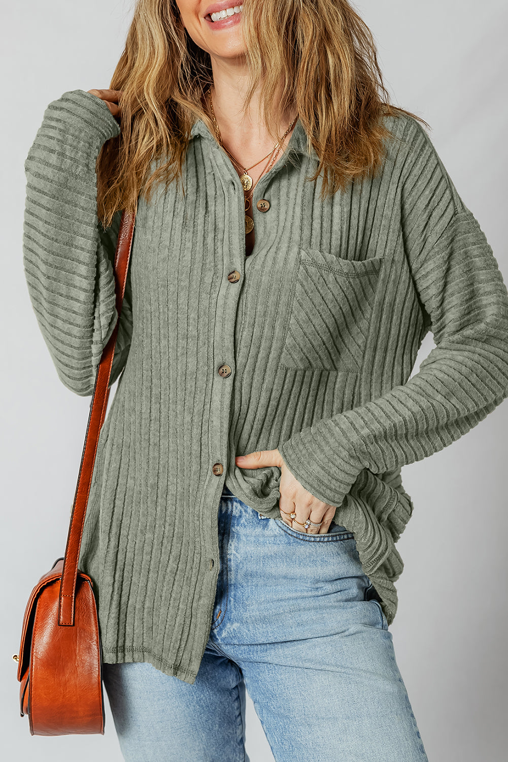Mist Green Thermal Ribbed Texture Button Up Shacket