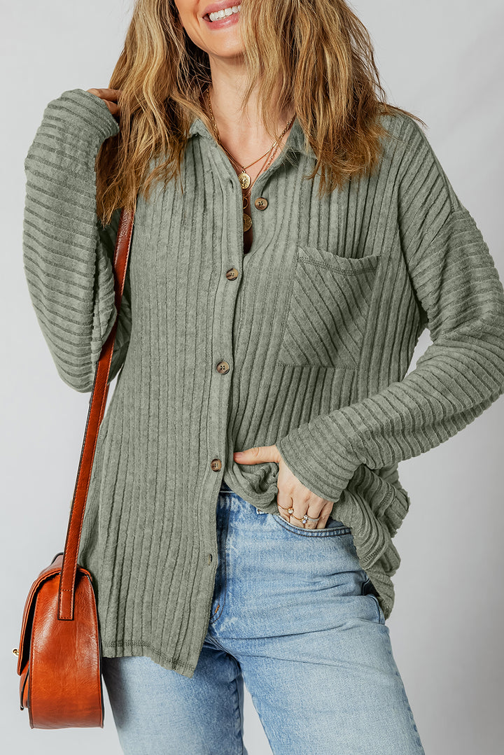 Mist Green Thermal Ribbed Texture Button Up Shacket