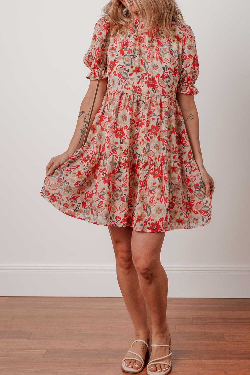 floral print frilled neck puff sleeve high waist dress