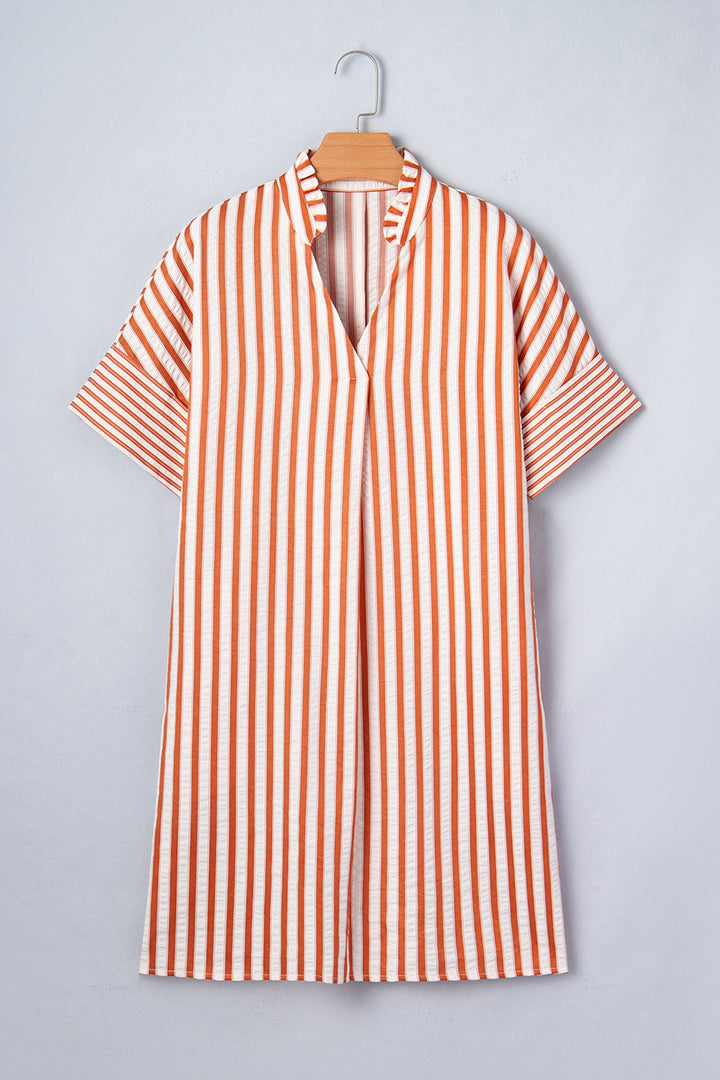Brown Stripe Pinched V Neck Turn-up Cuffs Shift Mini Dress