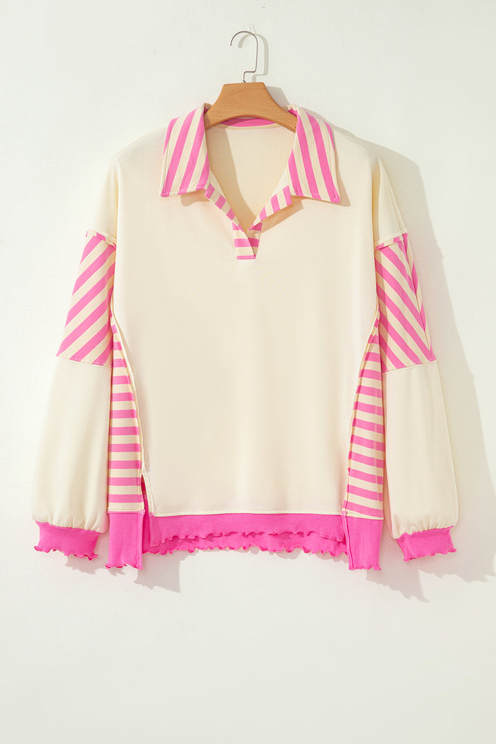 Pink Stripe Contrast Polo Collar Drop Shoulder Patchwork Plus Size Pullover