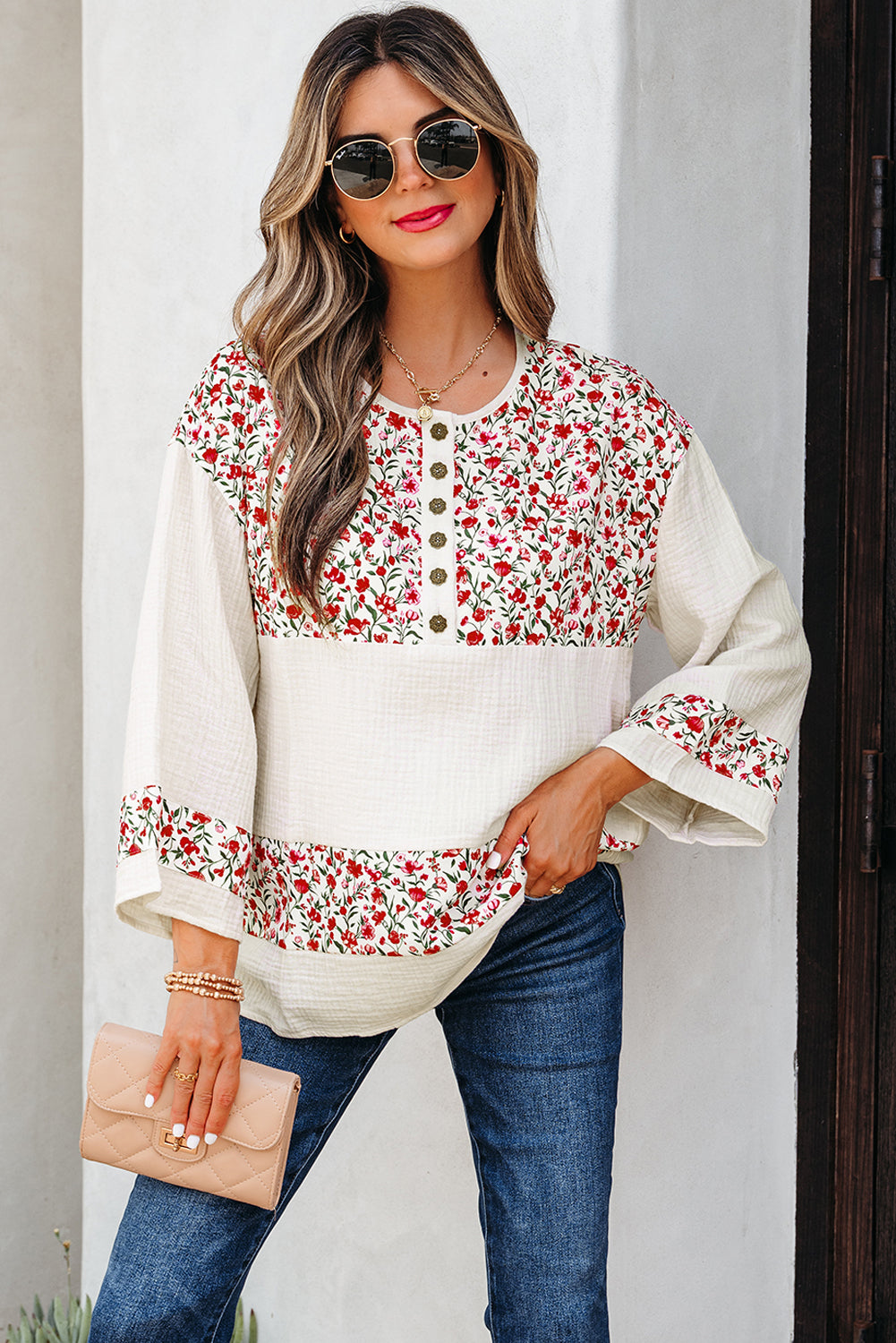 Floral Print Gauze Patchwork Henley Button 3/4 Sleeve Blouse