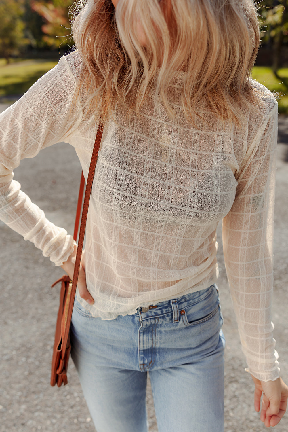 Sheer Plaid Mesh Lettuce Trim Slim Fit Long Sleeve Top