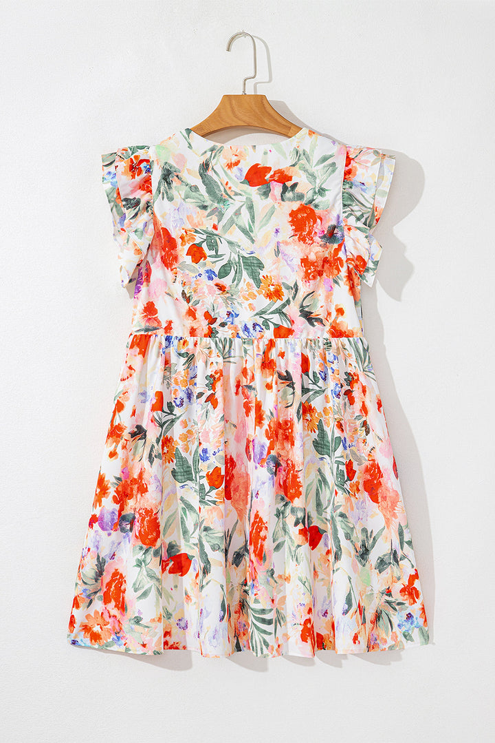Floral Double Ruffle Sleeve V Neck High Waist Mini Dress