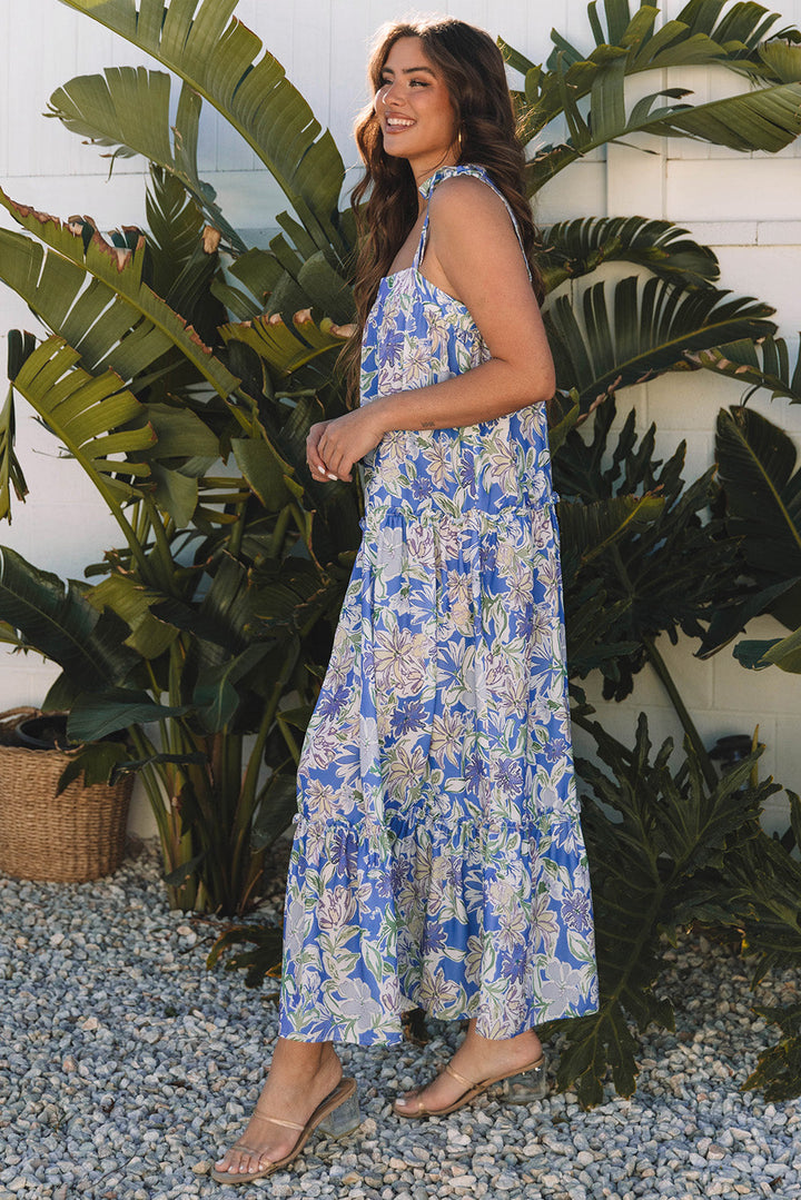 floral print self tie straps flowy ruffle long dress
