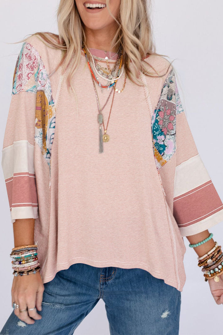 Pinstriped Color Block Patchwork Oversized Top