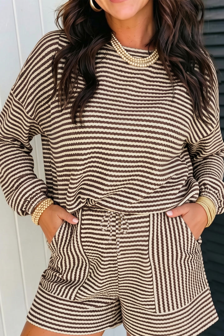 Brown Stripe Textured Knit Long Sleeve Top Elastic Waist Shorts Casual Outfit