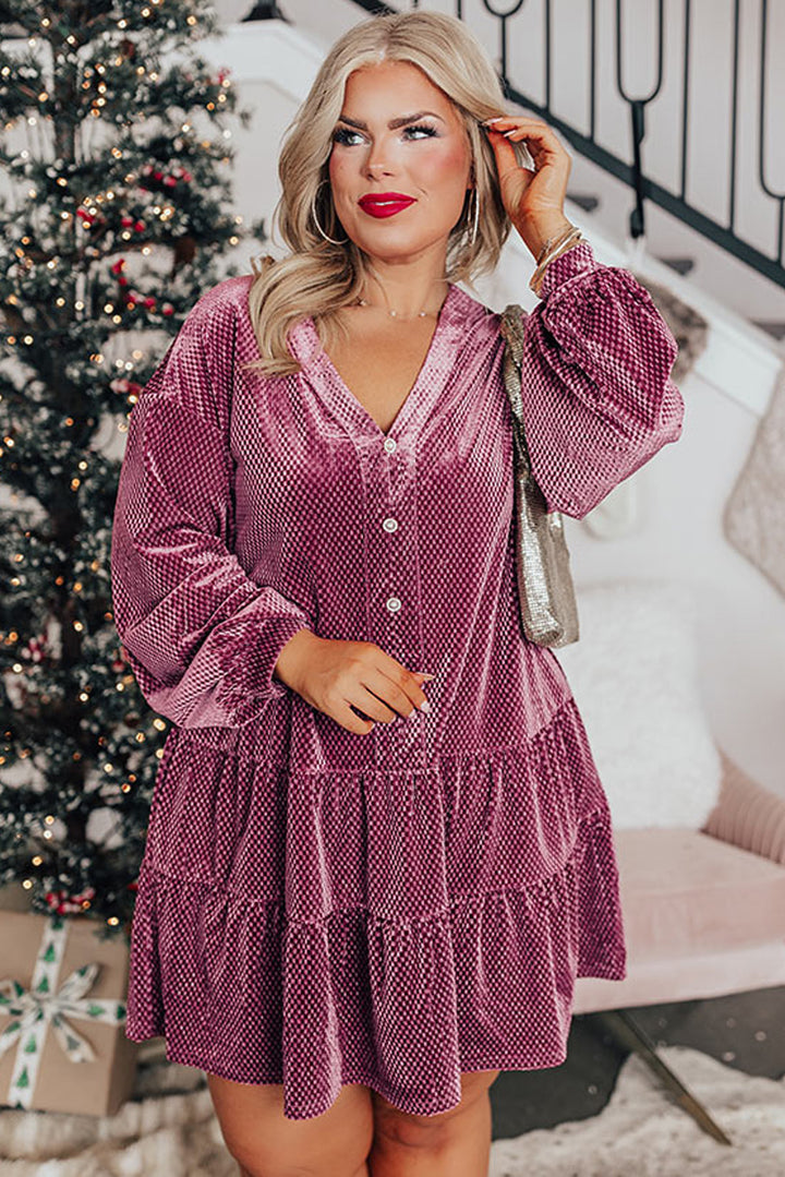 Meadow Mauve Textured Velvet Tiered Buttons Tiered  Plus Size Dress