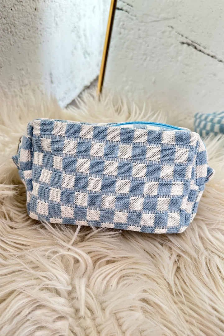 Checkered Knitted Zipper Makeup Bag