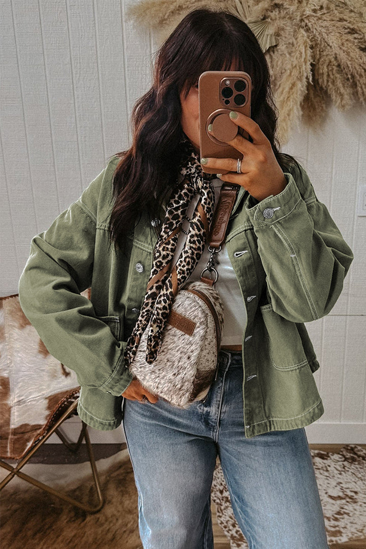 Patched Pocket Collared Button Front Boyfriend Denim Jacket