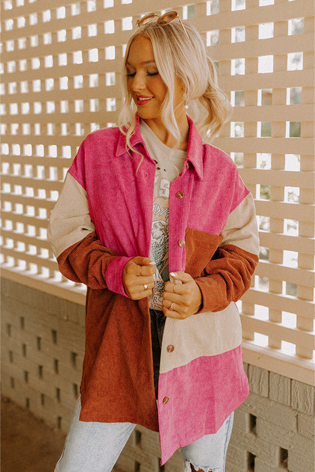 Rose Red Colorblock Curved Hem Corduroy Shacket