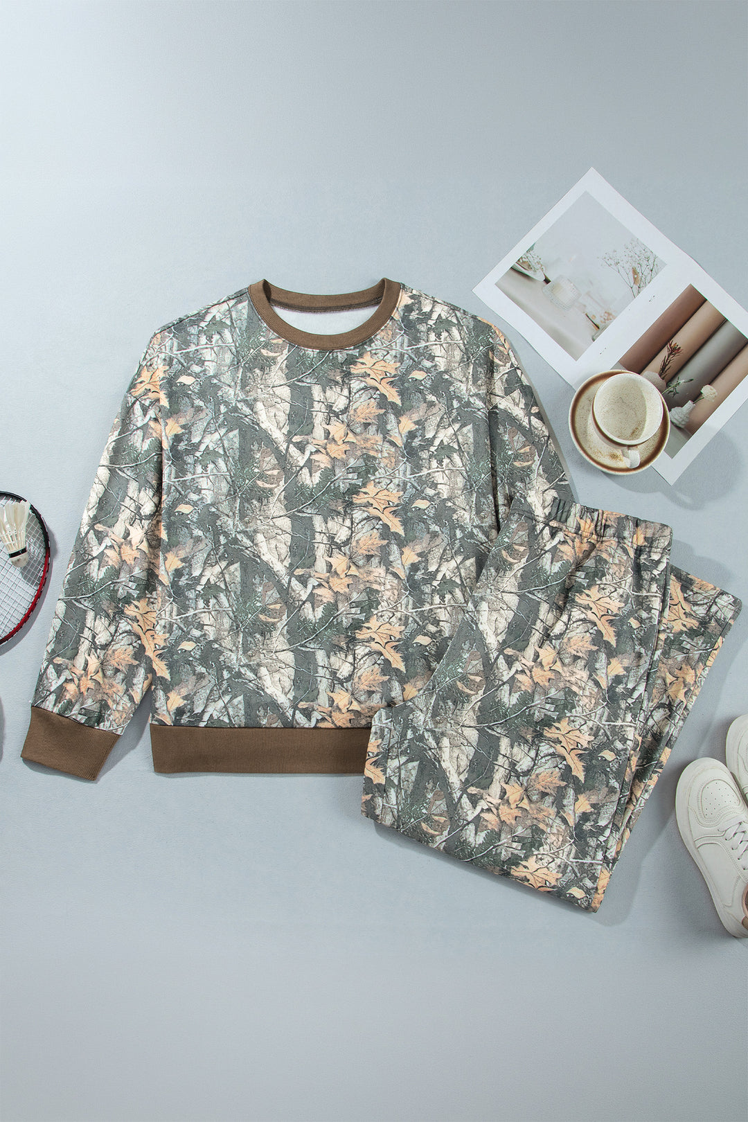 Brown Jungle Camouflage Print Long Sleeve Top Plus Size Pant Set