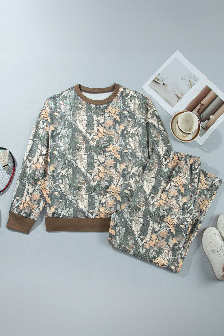 Brown Jungle Camouflage Print Long Sleeve Top Plus Size Pant Set