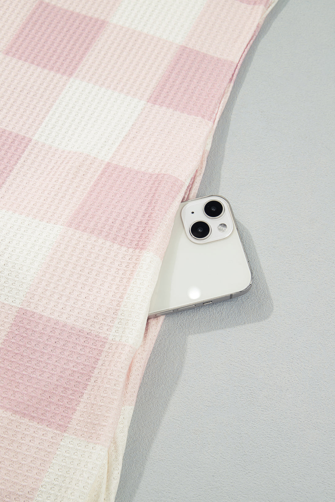 Pink Waffle Plaid Print Contrast Denim Shirt Collar T Shirt Mini Dress