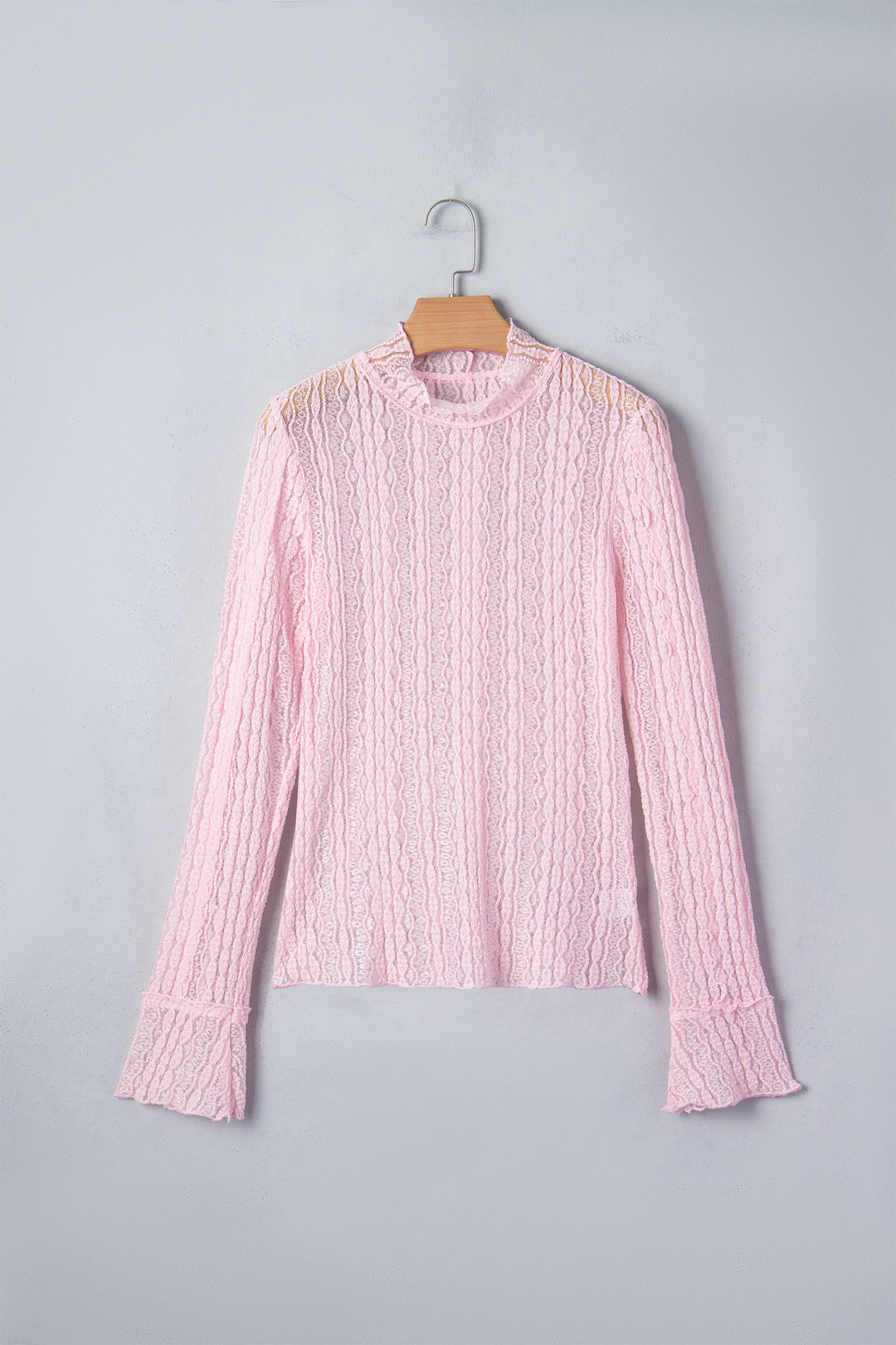 Light Pink Flounced Long Sleeve Mock Neck Sheer Lace Top