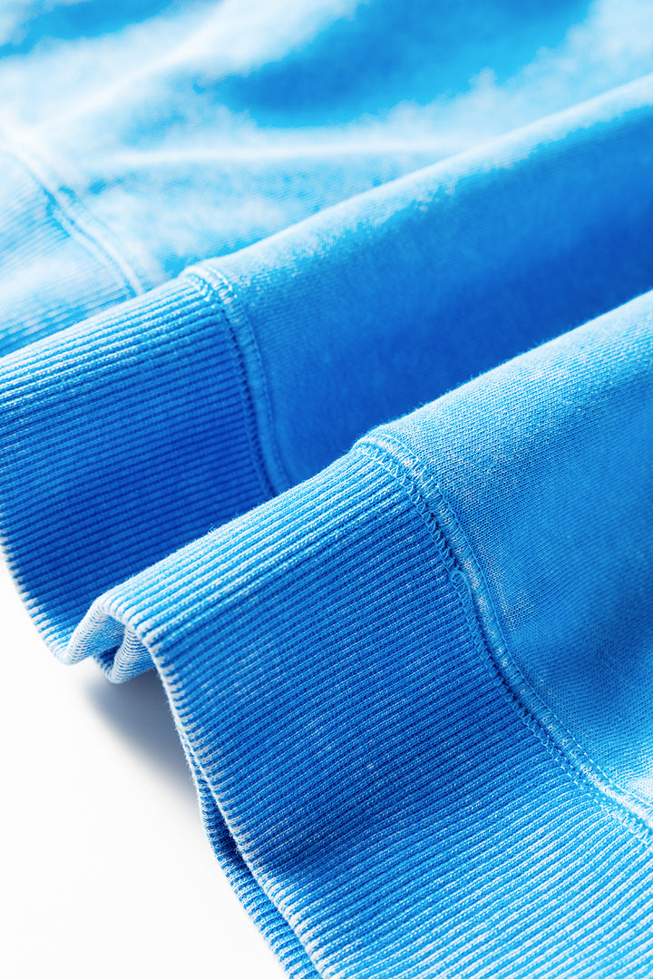 Blue Mineral Wash Raw Seam Double Patched Pocket Pullover Sweatshirt