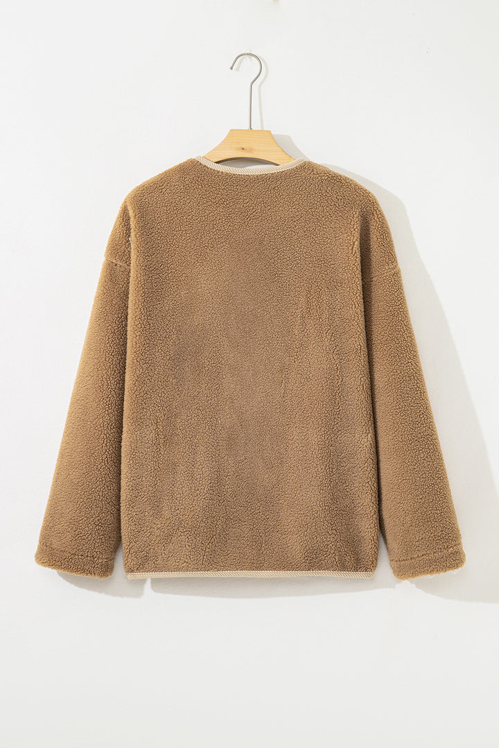 Light French Beige Puffy Plush Corduroy Edge Jacket with Big Pockets