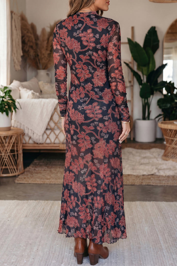 Black Retro Floral Print Long Sleeve Mesh Maxi Dress