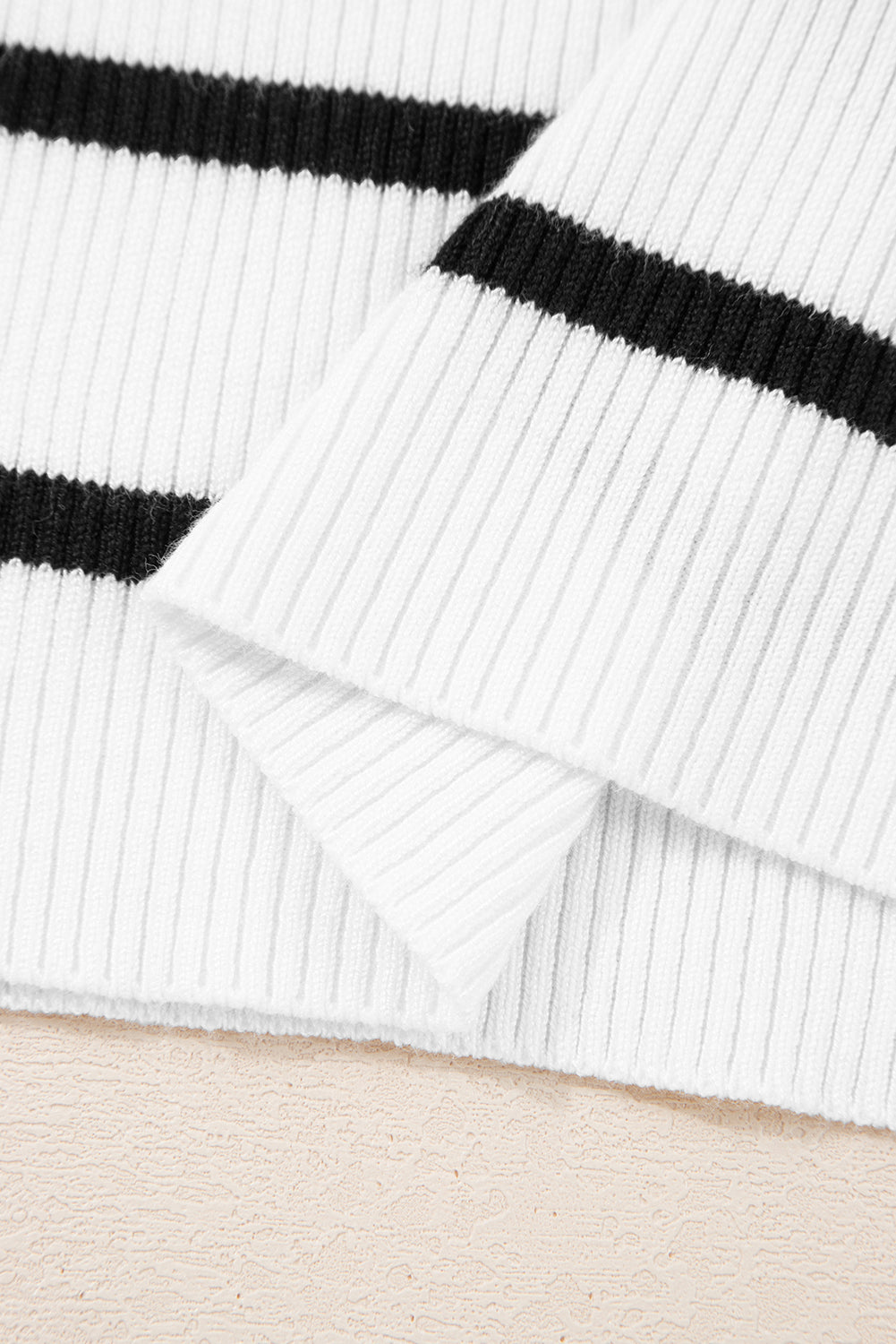 Scalloped Trim U Neck Striped Ribbed Slim Sweater