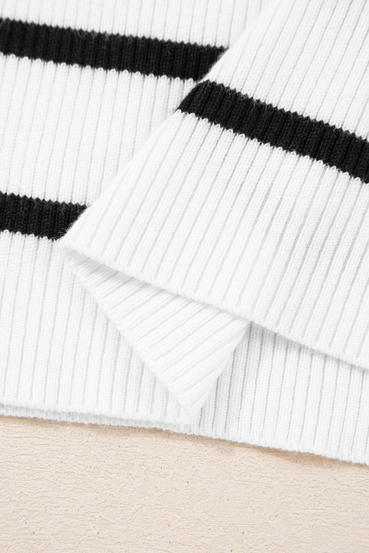 Scalloped Trim U Neck Striped Ribbed Slim Sweater