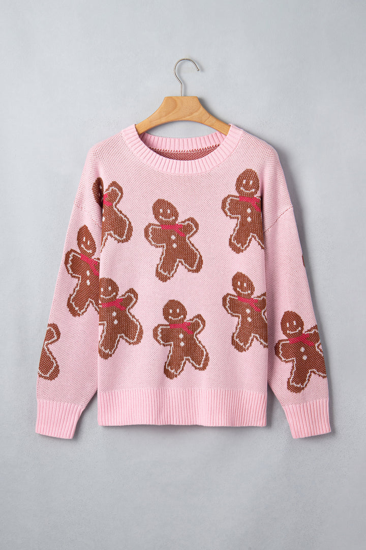 Pink Gingerbread Pattern Long Sleeve Shift Sweater
