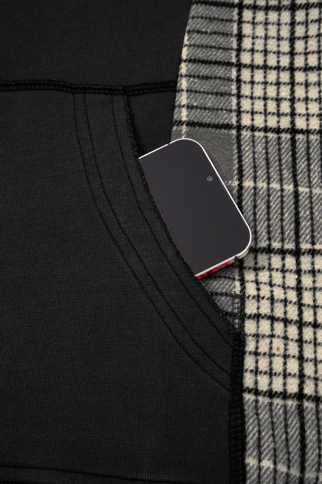 Black Plaid Sleeve Drawstring Pocket Hooded Sweatshirt