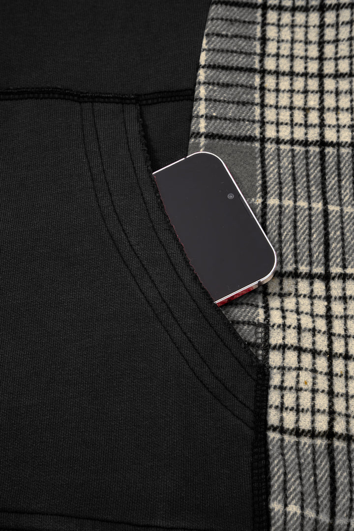 Black Plaid Sleeve Drawstring Pocket Hooded Sweatshirt