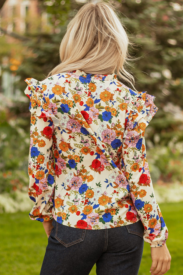 Ruffled Shoulder Long Sleeve Floral Blouse