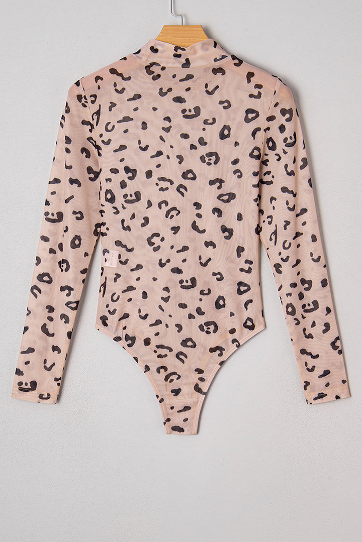 Mock Neck Sheer Mesh Leopard Long Sleeve Bodysuit