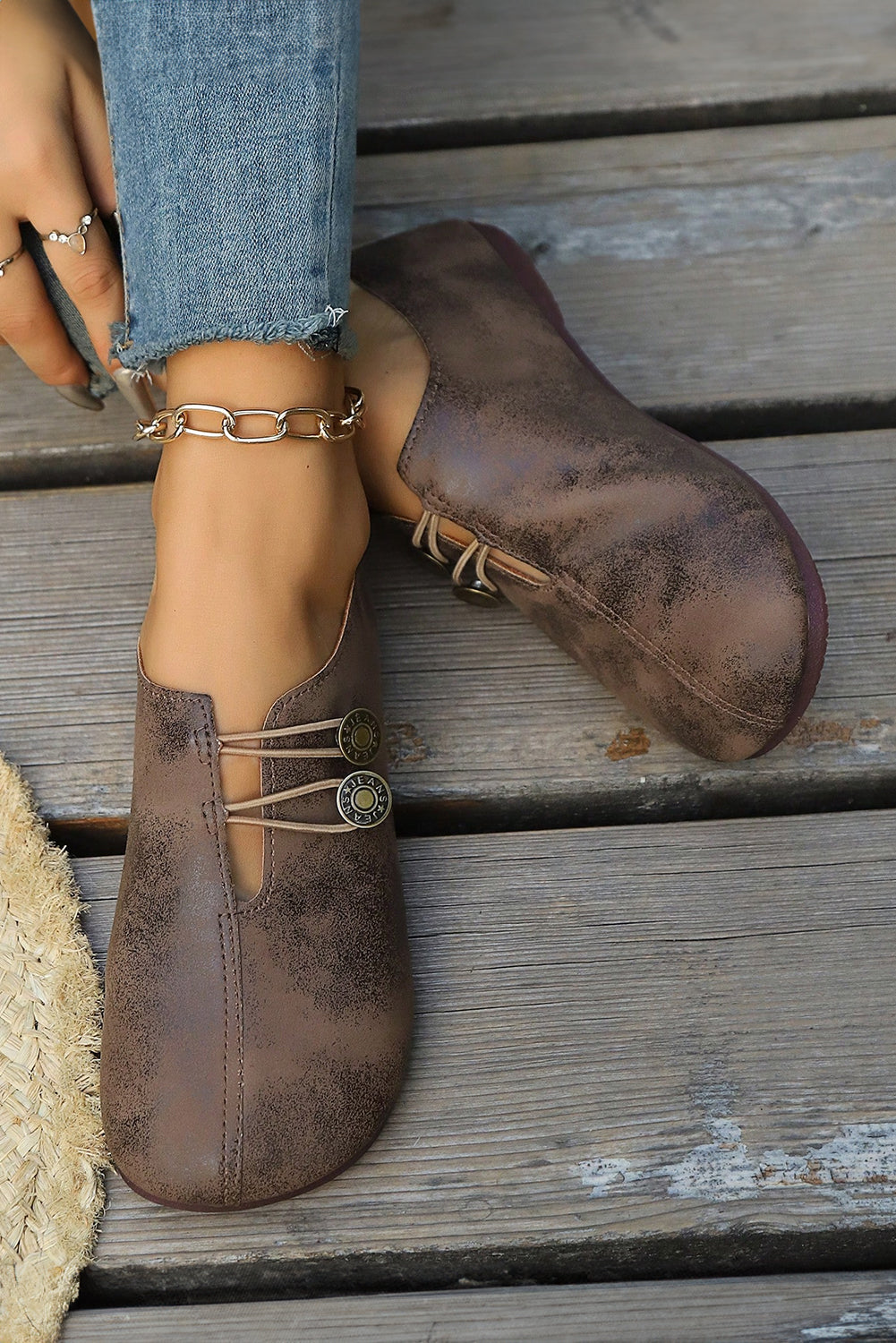 JEANS Button Detail Boho Vintage Faux Leather Loafer Shoes