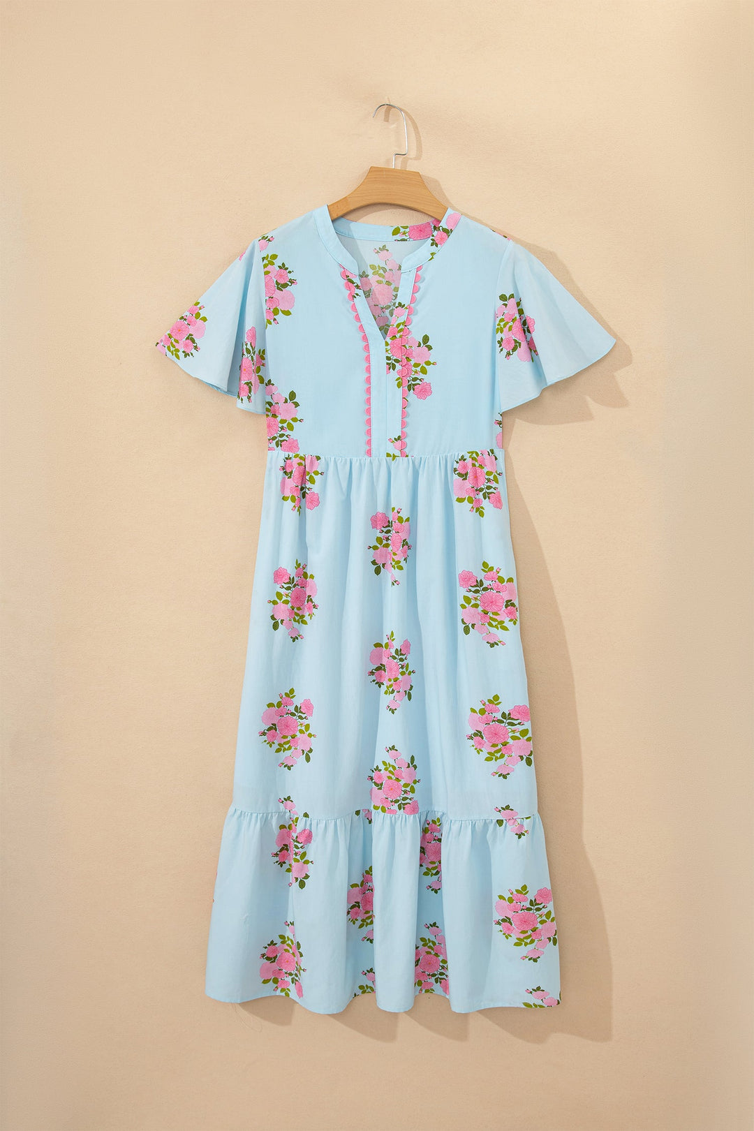 Sky Blue Notched Neck Flutter Short Sleeve Floral Print Maxi Dress