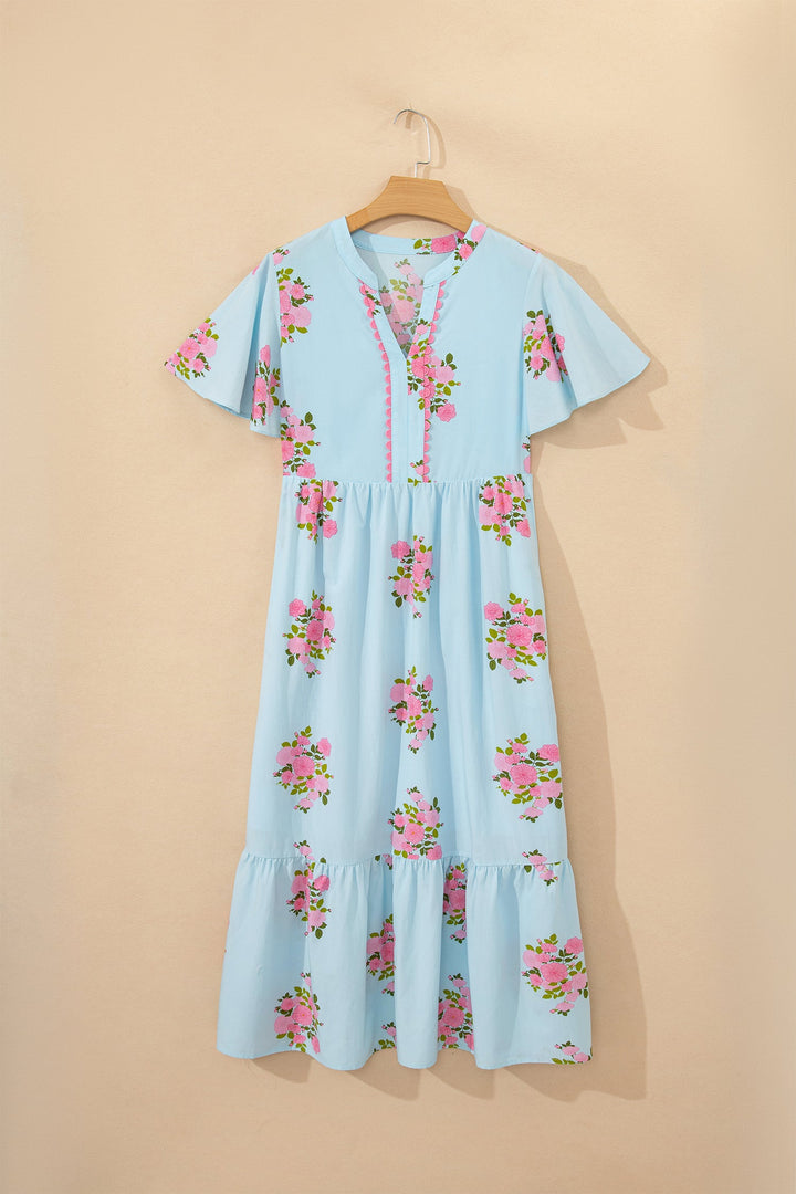 Sky Blue Notched Neck Flutter Short Sleeve Floral Print Maxi Dress