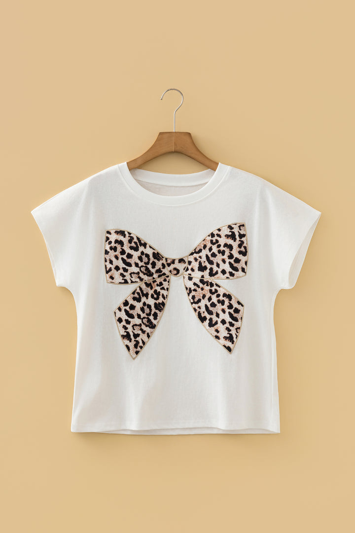 Leopard Bow Embroidered Cotton Round Neck T Shirt