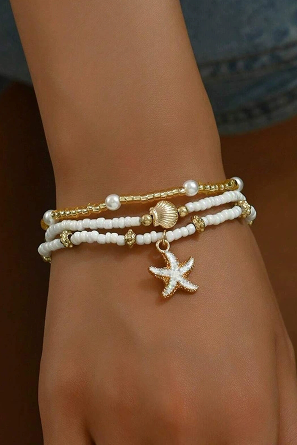 Starfish Shell Pearl Beaded Elastic Layered Bracelet