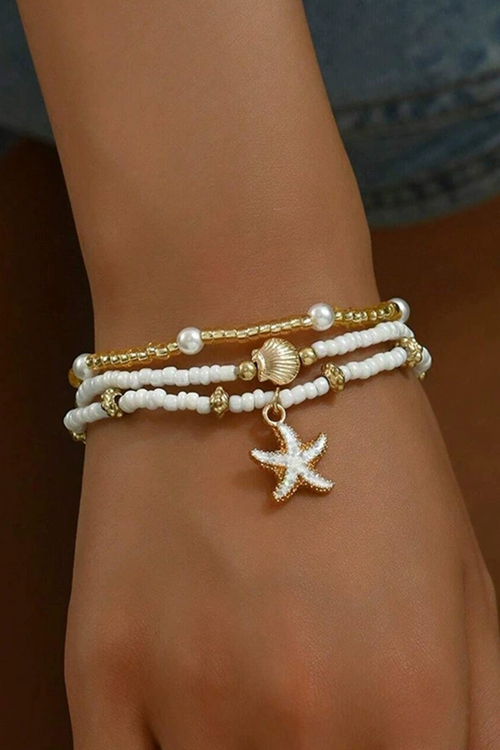 Starfish Shell Pearl Beaded Elastic Layered Bracelet