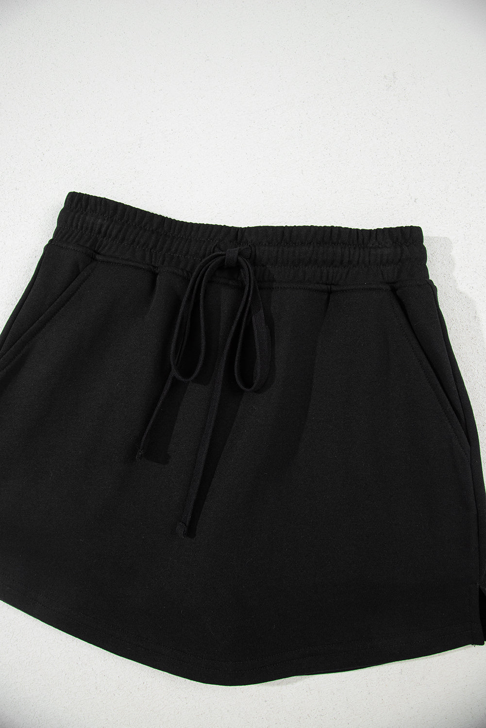 Black French Terry Drawstring Elastic Waistband Mini Skort