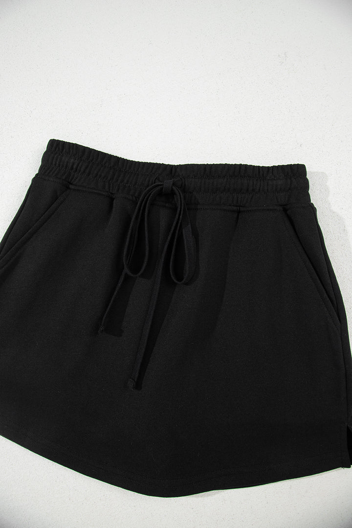 Black French Terry Drawstring Elastic Waistband Mini Skort