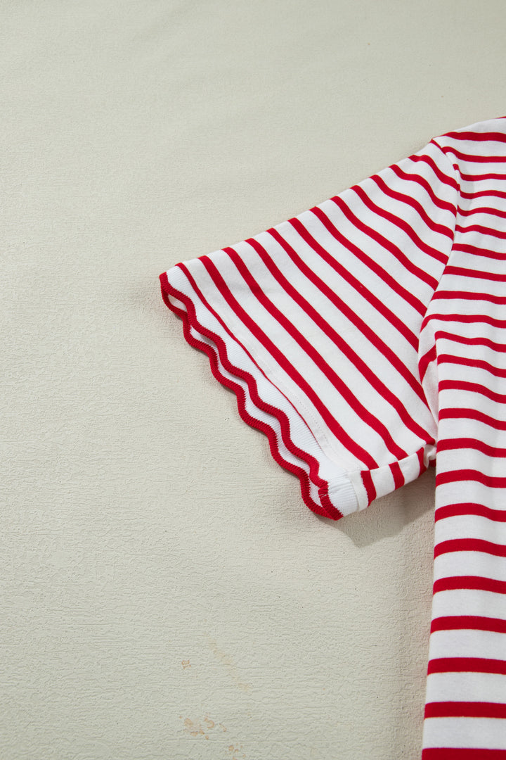 Red Stripe Plus Size Scalloped Trim Round Neck Short Sleeve Top