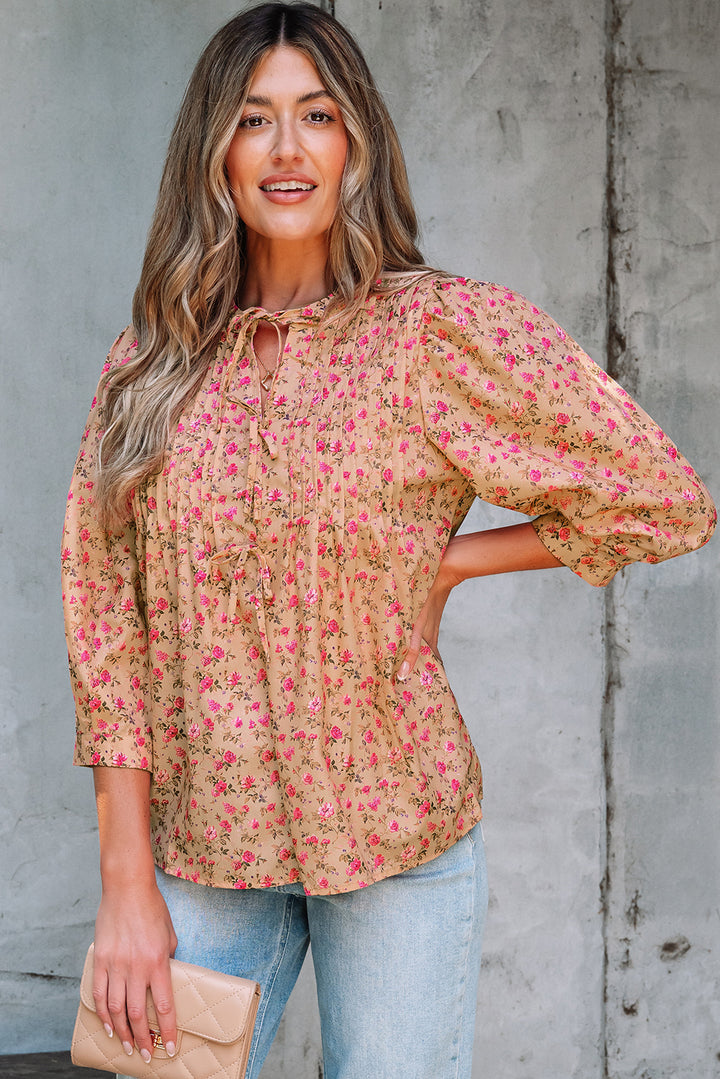 Floral Print Bow Pintuck Bust Half Puff Sleeve Blouse Top