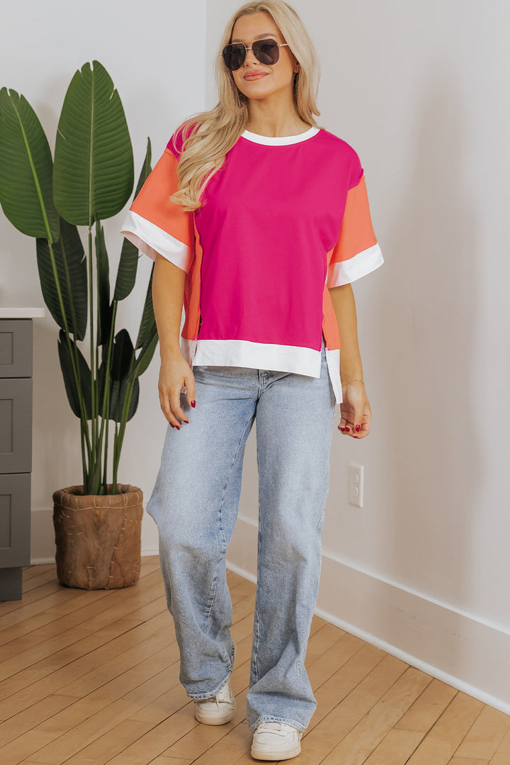 Color Block Patchwork Side Slits Loose Fit T Shirt