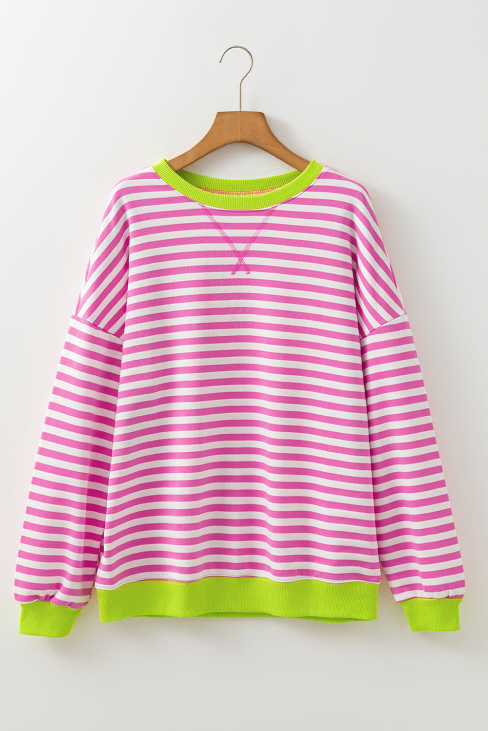 Striped Contrast Ribbed Trim Crossed Stitch Drop Shoulder Sweatshirt