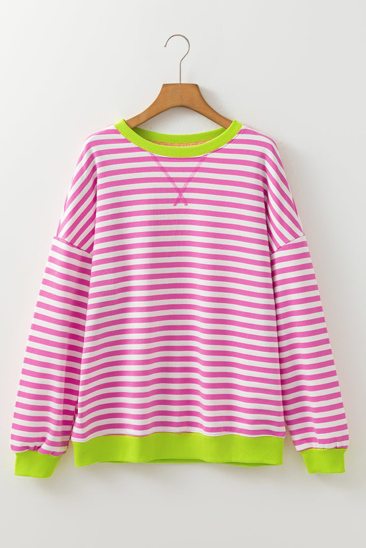 Striped Contrast Ribbed Trim Crossed Stitch Drop Shoulder Sweatshirt